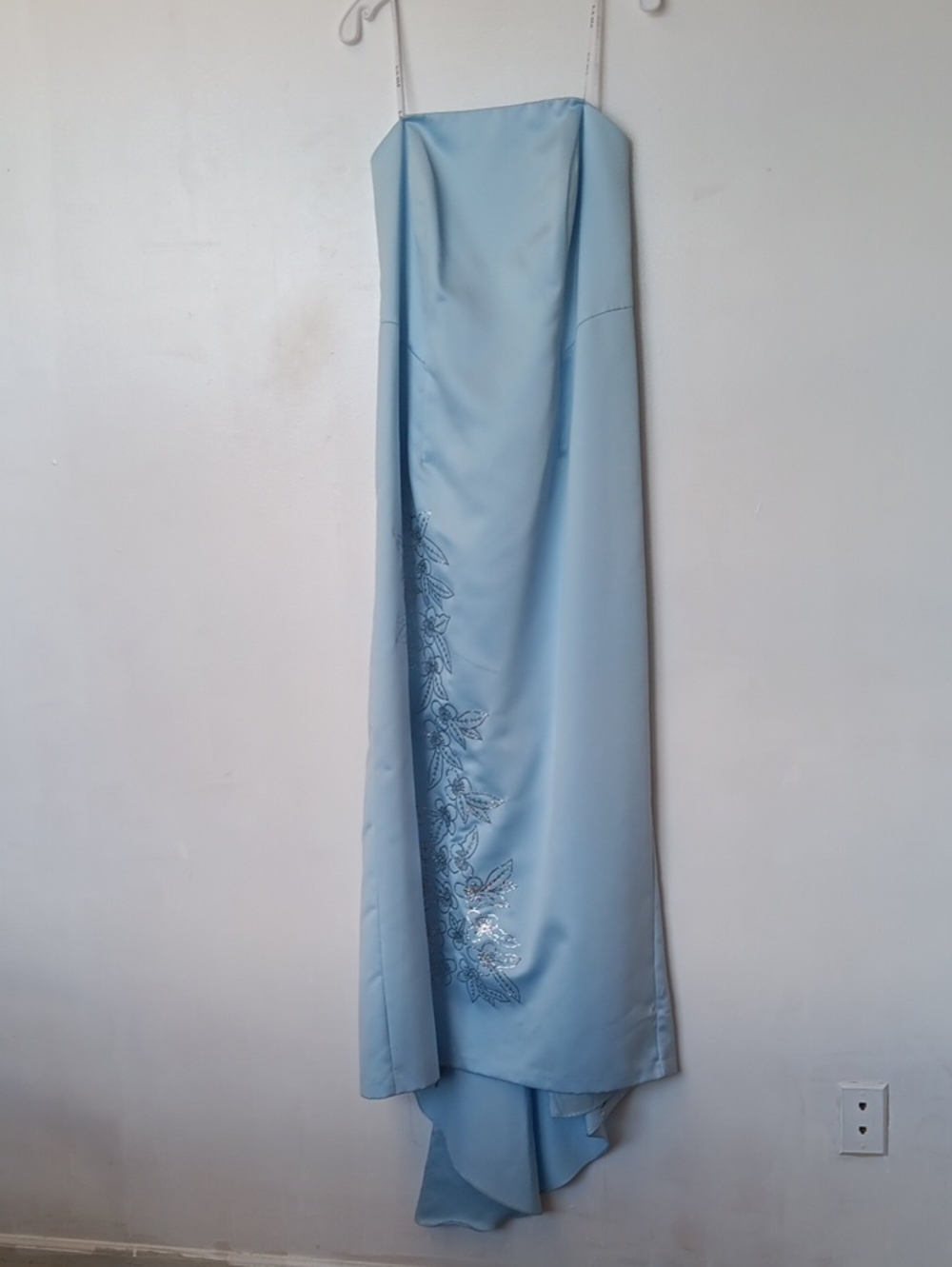 Vintage Strapless Light Blue Satin Maxi Dress with Floral Design